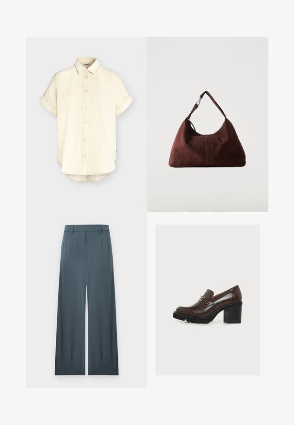 Chemise beige à manches courtes avec poignets retroussés, col classique et ourlet légèrement arrondi de la marque éco-responsable ECOALF.; Pantalon large taille haute gris charbon avec passants de ceinture, plis à l'avant et une couture centrale avant, posé à plat sur un fond blanc.; Mocassin en cuir marron foncé avec talon bloc noir épais et boucle décorative dorée sur le côté, sur fond clair uni.; Sac bandoulière en daim marron doux avec une seule lanière et des accessoires métalliques argentés sur un fond clair uni.