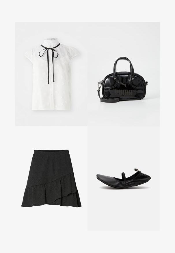 Blouse blanche transparente avec des manches courtes bouffantes, un col haut, un nœud en ruban noir et de petits motifs floraux, avec des boutons en perles sur le devant.; Jupe portefeuille noire à texture, avec ourlet asymétrique à volants et taille élastique.; Ballerine plate en cuir noir plié avec une seule bride et une boucle argentée sur un fond clair uni.; Sac à main en cuir verni noir avec des poignées supérieures doubles, une bandoulière amovible, une forme arrondie et un logo "PUMA" en relief bien visible.