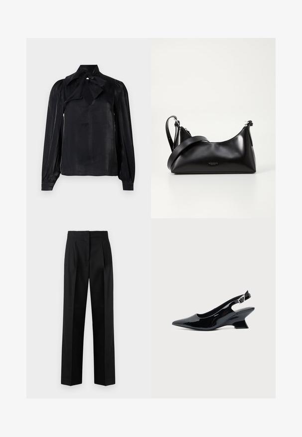 Sort bluse med bindebånd i kraven og lange ærmer. Lavet af glat stof med en let glans. Har en nøglehulsudskæring og manchetter ved ærmerne.; Sorte trousers lavet af vævet stof, med et skræddersyet design med plisseringer, lige ben og flad front. Holdbar og glat tekstur.; Sort laklæder slingback sko med spids tå og lav vinklet blokhæl på ensartet lys baggrund.; Sort læderhåndtaske med en glat tekstur. Har en justerbar stropp og et enkelt, minimalistisk design med lynlås.
