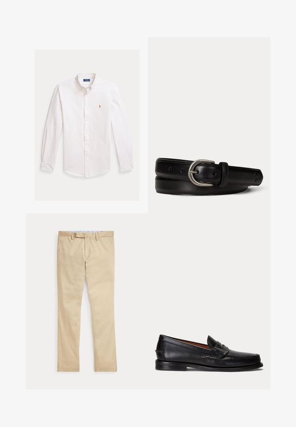 Camisa blanca de botones con rayas claras, mangas largas, cuello puntiagudo y logotipo bordado en el pecho. Material de algodón, textura suave.; Pantalones beige de corte recto con trabillas para cinturón y cremallera frontal, colocados planos sobre un fondo blanco.; Mocasín negro de cuero con tacón bajo y detalle de correa para moneda, mostrado de lado sobre un fondo gris claro.; Cinturón de cuero negro con hebilla ovalada de plata, bordes cosidos y pequeño logotipo en relieve cerca de la punta puntiaguda, descansando enrollado sobre un fondo blanco.