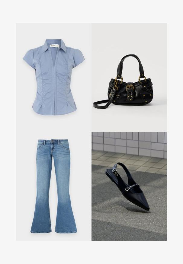 Chemise bleu clair à manches courtes avec col, coutures verticales et fronces discrètes sur les côtés, en textile lisse.; Jean évasé en denim bleu à taille haute, avec cinq poches, surpiqûres contrastantes et un léger dégradé de couleur vers l'ourlet.; Mocassin noir à bout pointu et bride arrière, avec double boucle, posé sur un asphalt gris près d'un mur carrelé en arrière-plan.; Sac à main en cuir noir avec boucle dorée et détails à rivets, poignées courtes et bandoulière réglable sur fond blanc uni.