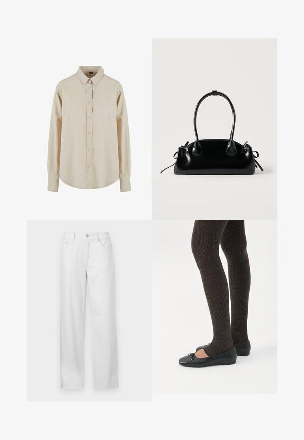 Chemise beige à manches longues en coton, avec un devant à boutons, un col pointu et une poche poitrine unique. Texture douce, coupe décontractée.; Pantalons en denim blanc à coupe ample, avec une fermeture à bouton et zip, des passants de ceinture et un design traditionnel à cinq poches.; Jambes portant des leggings côtelés foncés associés à des ballerines noires avec de petits détails en nœud sur fond blanc.; Petit sac à main noir brillant avec deux longues anses et des détails à cordon sur les côtés sur un fond clair uni.