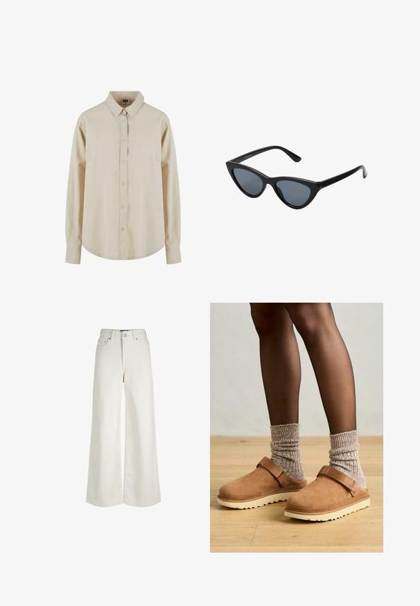 Beige overhemd met lange mouwen van katoen, met een knoopsluiting aan de voorkant, puntige kraag en één borstzak. Zachte textuur, relaxte pasvorm.; Witte denim jeans met hoge taille en brede pijpen, voorop met knoop- en ritssluiting, riemlussen en zakdetails.; Bruine suède klompen met een band, crèmekleurige rubberen zool en getextureerde grijze breisokken. De vloer is van licht hout.; Zwarte cat-eye zonnebril met donkergrijze lenzen, slank plastic frame, puntige hoeken en rechte pootjes. Geen zichtbare hardware of accenten.