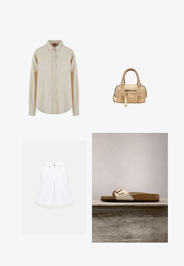Beige overhemd met lange mouwen van katoen, met een knoopsluiting aan de voorkant, puntige kraag en één borstzak. Zachte textuur, relaxte pasvorm.; Witte knielange denimshorts met voorzakken, riemlussen en knoopsluiting.; Slide-sandaal met een lichte metallic bovenkant, kurken voetbed en een gestructureerde bruine rubberen zool. Gespdetail met logo-accent.; Stradivarius Handtas - beige