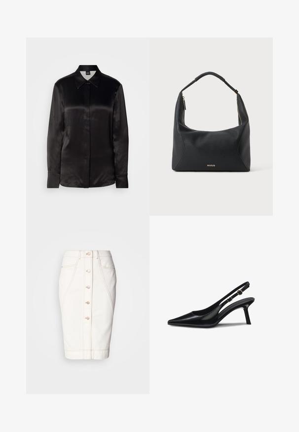 Schwarze Satin-Hemd mit langen Ärmeln, spitzem Kragen, vorderem Knopfverschluss und Manschetten. Glatte Textur und minimalistisches Design.; Weißer Denimrock mit einer Knopfleiste vorne, sichtbaren Nähten und einem Bleistiftschnitt. Keine Taschen sichtbar. Glatte Textur.; Schwarze Slingback-Pumps aus Lackleder mit spitz zulaufender Zehe, schmalem Absatz und verstellbarem Riemen mit rundem Akzent. Glatte, glänzende Oberfläche.; Schwarze Leder-Schultertasche mit geflochtenem Griff, goldfarbenem Reißverschlussdetail und kleinem goldfarbenem "HUGO"-Logo mittig vorne.