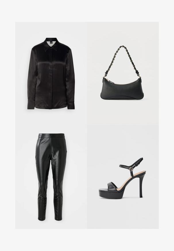 Zwarte satin lange mouwen blouse met een puntige kraag, knoopsluiting aan de voorkant en manchetten. Glad textuur en minimalistisch ontwerp.; Zwarte leren broek met een slim fit, met een gladde textuur en een hoge tailleband. Details omvatten accentuering bij de knieën voor extra design.; Zwarte platformsandalen met een hoge naaldhak, voorzien van een glad leren bovenkant, een peep-toe ontwerp en een verstelbare enkelriem met beslag.; Zwarte lederen schoudertas met een gebogen rechthoekige vorm, gouden ketting verweven in een gevlochten zwarte band, en een ritssluiting bovenop.
