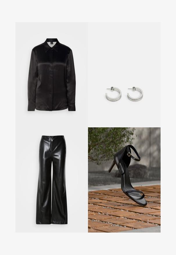 Zwarte satin lange mouwen blouse met een puntige kraag, knoopsluiting aan de voorkant en manchetten. Glad textuur en minimalistisch ontwerp.; Zwarte leren wijde broek met een gladde textuur, hoge taille en een verborgen ritssluiting aan de voorkant. Tailored fit met een nette afwerking.; Zwarte hoge hak sandaal met enkelbandje zweeft boven een houten tegelvloer buiten, met een onscherpe groene en stenen achtergrond.; Zilveren oorringen met een gladde oppervlakte en een rij kleine heldere stenen langs de onderrand, met een achterkant met een knop.