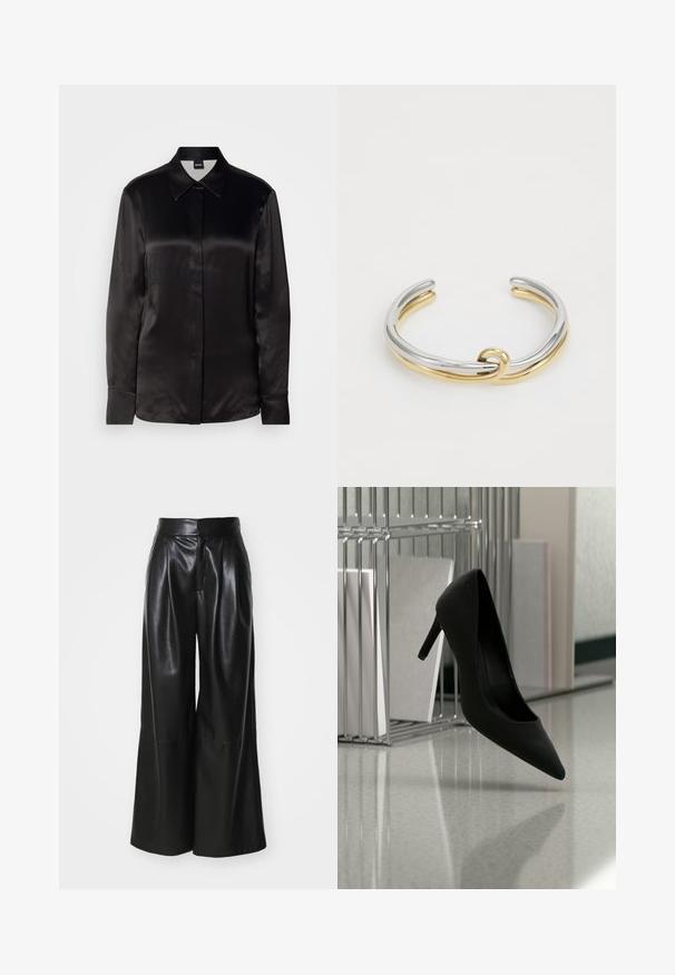 Chemise noire en satin à manches longues avec un col pointu, une fermeture à boutons sur le devant et des poignets. Texture lisse et design minimaliste.; Pantalons large en faux cuir noir, taille haute, avec un devant plissé et une texture lisse. Caractéristiques d'un design épuré et minimaliste.; Chaussure noire à talons hauts équilibrée sur son talon sur un comptoir réfléchissant près de porte-dossiers métalliques avec des dossiers blancs.; Bracelet en métal avec des bandes entrelacées en argent et en or, finition lisse et polie. Détail de nœud notable au centre.