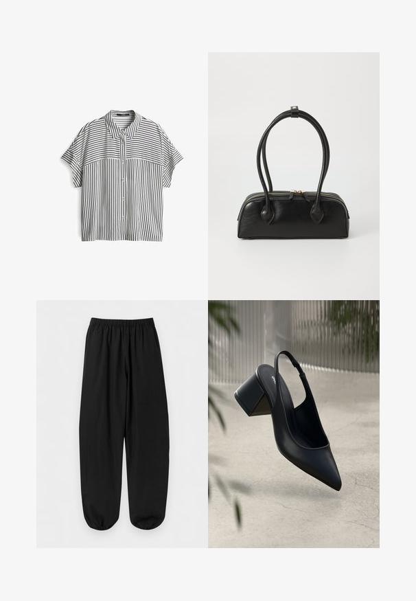 Kurzärmeliges Hemd mit Knopfleiste, das ein schwarz-weiß gestreiftes Muster aufweist, mit Kragen und lockerer Passform. Glatte Stofftextur.; Schwarze, locker sitzende Hose mit elastischem Bund und elastischen Bündchen an den Knöcheln, flach auf einem hellen Hintergrund liegend dargestellt.; Schwarze Leder-Slingback-Pumps mit spitzem Zehenbereich und Blockabsatz. Glatte Textur, minimalistisches Design und verstellbarer Knöchelriemen.; Schwarze Lederhandtasche mit zwei verlängerten Griffen, Reißverschluss und runder Form; glatte Textur mit subtiler glänzender Oberfläche.