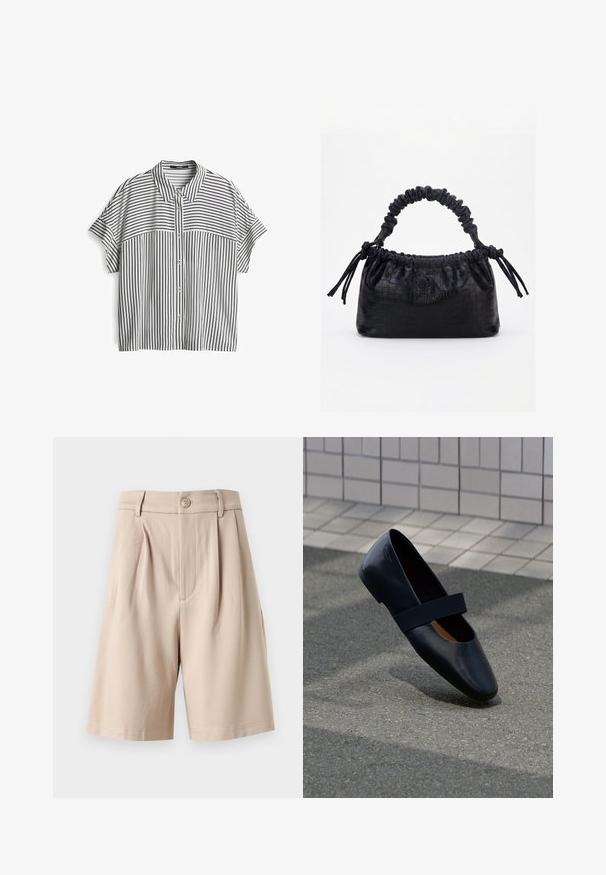 Korte mouwen overhemd met knoopsluiting, voorzien van een zwart-wit gestreept patroon, met een kraag en een relaxte pasvorm. Glad stoftextuur.; Beige, hoog getailleerde, op maat gemaakte korte broek met plooien, riemlussen, knoopsluiting aan de voorkant en een zoom tot op de knie tegen een witte achtergrond.; Zwarte leren platte schoen met een ronde neus, voorzien van een zachte zwarte elastische band over de wreef. Gladde textuur en minimalistisch ontwerp.; Zwarte handtas met krokodillenstructuur, geplooide bovenrand, samengevoerde handgreep en koordtassels aan elke kant tegen een witte achtergrond.