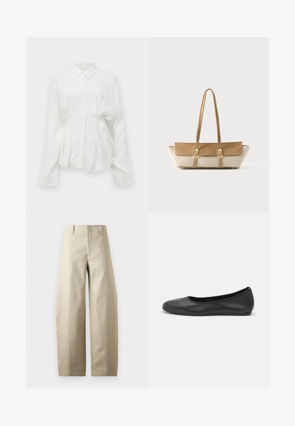 Chemise blanche à manches longues, avec un col pointu, un devant à boutons et un design plissé. Fabriquée dans un tissu lisse avec un léger brillant.; Pantalon beige taille haute à jambes larges avec passants de ceinture, fermeture éclair devant et finition en tissu lisse et structuré.; Ballerines en cuir noir avec un bout rond, texture lisse, détails de couture minimalistes et design de semelle flexible.; Sac d’épaule rectangulaire beige et marron clair avec rabat en daim, deux boucles dorées, longues lanières fines et côtés larges en tissu sur fond blanc.