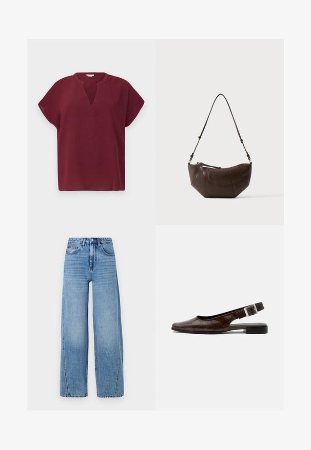 Haut bordeaux à manches courtes avec un décolleté en V, fabriqué dans un tissu texturé. Présente une coupe décontractée et un ourlet soigné.; Jean en denim large à taille haute, bleu clair, avec poches avant, passants de ceinture, fermeture à bouton et détails de couture visibles.; Chaussure plate slingback en cuir marron foncé avec bout carré, texture crocodile et boucle argentée sur la bride.; Sac à bandoulière en cuir marron avec un fond incurvé et une sangle réglable sur un fond clair uni.