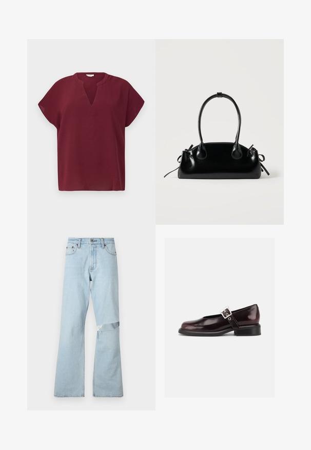 Top burdeos de manga corta con escote en V, hecho de una tela texturizada. Presenta un corte relajado y un dobladillo limpio.; Jeans de mezclilla azul claro con un diseño acampanado, que presentan un parche desgastado en la rodilla y bolsillos frontales estándar.; Zapato único Mary Jane brillante de color burdeos oscuro con correa ancha y hebilla plateada, tacón bloque bajo y punta redondeada sobre fondo blanco.; Pequeño bolso negro brillante con dos asas largas y detalles de cordón lateral sobre un fondo claro liso.