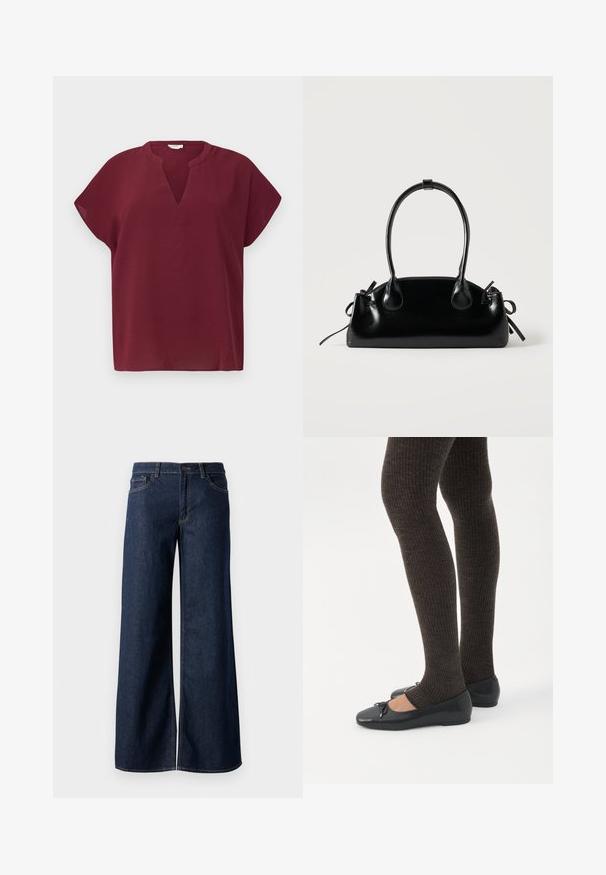 Top burdeos de manga corta con escote en V, hecho de una tela texturizada. Presenta un corte relajado y un dobladillo limpio.; Jeans de pierna ancha en denim azul oscuro. Presenta costuras en contraste, cinco bolsillos y un cierre de botón en la cintura. Textura suave.; Piernas con leggings oscuros acanalados combinados con bailarinas negras que presentan pequeños detalles de lazo sobre un fondo blanco.; Pequeño bolso negro brillante con dos asas largas y detalles de cordón lateral sobre un fondo claro liso.