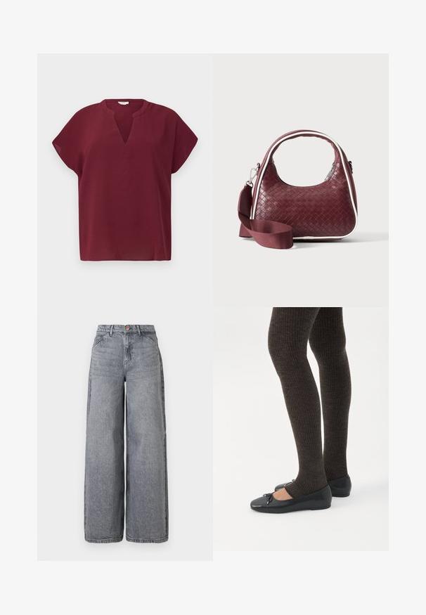Bordeaux kortemouwe top met een V-hals, gemaakt van een geweven stof. Heeft een losse pasvorm en een schone zoom.; Wijde denim jeans in een vervaagde grijze was, met vijf zakken, een knoopsluiting en een zachte textuur met subtiele whiskerdetails.; Benen met donkere geribbelde leggings gecombineerd met zwarte ballerina's met kleine strikdetails op een witte achtergrond.; Donkerrode geweven leren handtas met gebogen handvat, witte bies, zilveren rits en afneembare brede stoffen schouderriem tegen een effen achtergrond.