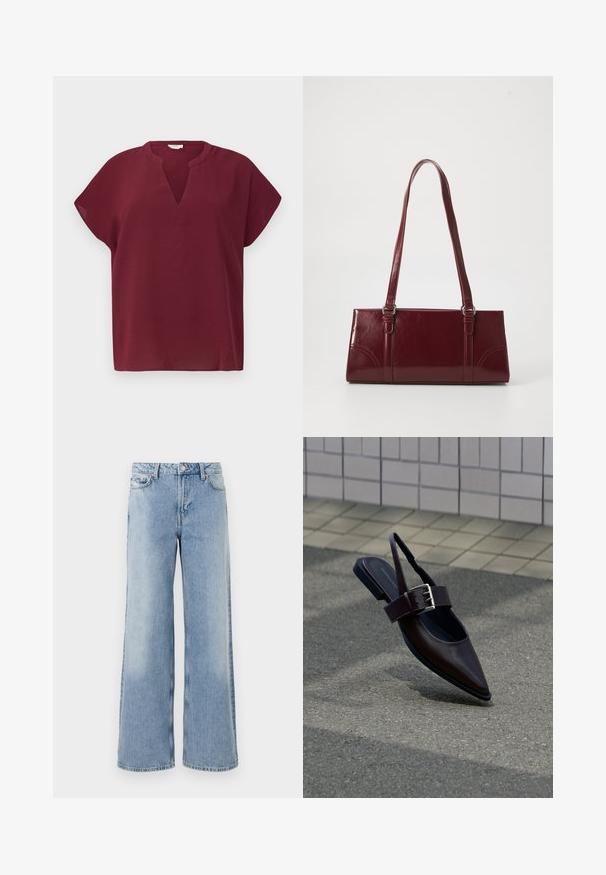Top burdeos de manga corta con escote en V, hecho de una tela texturizada. Presenta un corte relajado y un dobladillo limpio.; Jeans de pernera ancha de color azul claro con un lavado desgastado, cinco bolsillos, cierre de botón y bajos rectos. Fabricados en denim con una textura suave.; Zapato plano de punta afilada color marrón oscuro con tira trasera y hebilla grande plateada sobre asfalto cerca de una pared con azulejos.; Bolso burdeos hecho de material brillante, de forma rectangular, con dos asas para el hombro y sutiles acentos curvados en la parte frontal.