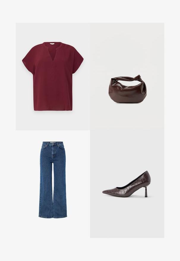 Top burdeos de manga corta con escote en V, hecho de una tela texturizada. Presenta un corte relajado y un dobladillo limpio.; Jeans de mezclilla azul de cintura alta con piernas anchas, que presentan un diseño tradicional de cinco bolsillos, cierre con botón de metal y costuras en contraste.; Tacones puntiagudos de cuero sintético marrón con textura de cocodrilo, con un tacón delgado y angular y un forro interior suave.; Bolso de hombro de cuero marrón oscuro con una forma suave y caída, y un asa con nudo torcido sobre un fondo blanco liso.