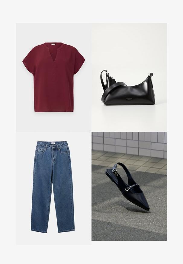 Top burdeos de manga corta con escote en V, hecho de una tela texturizada. Presenta un corte relajado y un dobladillo limpio.; Jeans de mezclilla azul clásico con un diseño de pierna recta, cinco bolsillos y cierre de botón. Presenta un lavado medio y una textura resistente.; Zapato plano negro de punta puntiaguda con tiras de doble hebilla y talón descubierto, descansando sobre asfalto gris cerca de una pared con azulejos.; Bolso de mano de cuero negro con una textura suave. Cuenta con una correa ajustable y un diseño elegante y minimalista con cierre de cremallera.