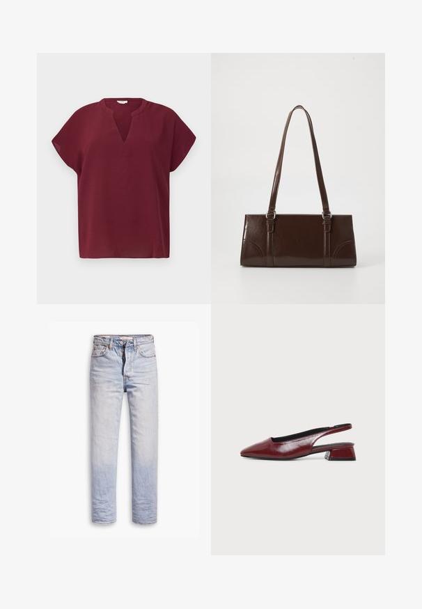 Top burdeos de manga corta con escote en V, hecho de una tela texturizada. Presenta un corte relajado y un dobladillo limpio.; Jeans de denim azul claro con un diseño de pierna recta, que cuentan con un cierre de botón, cinco bolsillos y un ligero desgastado a lo largo de las piernas.; Zapato slingback de cuero granate con punta afilada y tacón bajo de bloque, mostrado de perfil sobre un fondo claro y sencillo.; Bolso de mano de piel sintética marrón con forma rectangular, dos asas largas y sutiles acentos curvados en la parte delantera.