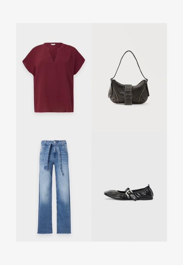 Top burdeos de manga corta con escote en V, hecho de una tela texturizada. Presenta un corte relajado y un dobladillo limpio.; Pantalones de denim azul claro de talle alto con un diseño de pierna ancha, que cuentan con un cinturón de lazo en la cintura y un efecto de lavado desvanecido.; Zapato plano de piel negra con puntera afilada, detalle fruncido alrededor de la abertura y un acento de hebilla plateada en la correa ajustable.; Bolso de hombro de cuero negro con detalle de correa con hebilla, bordes curvos y costuras blancas en contraste sobre un fondo liso.