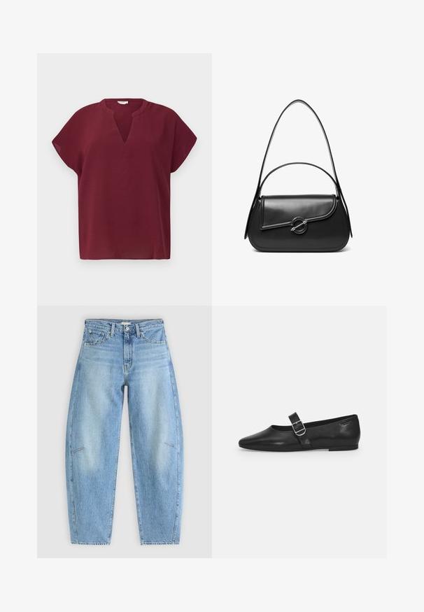 Bordeaux kortærmet top med V-hals, lavet af et struktureret stof. Har en afslappet pasform og en ren kant.; Lyseblå denimjeans med en afslappet pasform, der har høj talje, lige ben og diskrete syninger på frontlommen.; Sorte læder flade sko med rund tå, et enkelt justerbart spænde og en glat, blank overflade. Minimalistisk design med en lav hæl.; Sort skuldertaske i læder med en buet klap, der er fastgjort med en rund metal spænde, og en slank, justerbar rem.