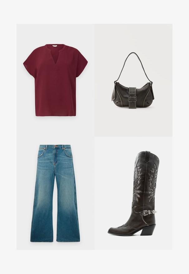 Top burdeos de manga corta con escote en V, hecho de una tela texturizada. Presenta un corte relajado y un dobladillo limpio.; Jeans de mezclilla azul de tiro alto con perneras anchas, bolsillos frontales, cierre de botón y un degradado de color desgastado que va desde la cintura hasta el dobladillo.; Bota cowboy de cuero negro con recortes decorativos, hebilla plateada y tacón inclinado, presentada sobre fondo blanco.; Bolso de hombro de cuero negro con detalle de correa con hebilla, bordes curvos y costuras blancas en contraste sobre un fondo liso.