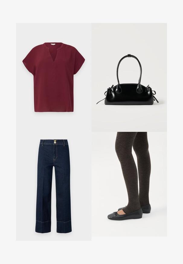 Top burdeos de manga corta con escote en V, hecho de una tela texturizada. Presenta un corte relajado y un dobladillo limpio.; Jeans de tiro alto y pierna ancha en azul oscuro con dobles botones dorados y costuras naranjas visibles sobre un fondo claro.; Piernas con leggings oscuros acanalados combinados con bailarinas negras que presentan pequeños detalles de lazo sobre un fondo blanco.; Pequeño bolso negro brillante con dos asas largas y detalles de cordón lateral sobre un fondo claro liso.
