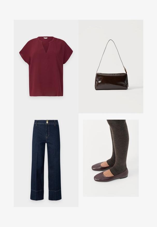 Bordeaux kortemouwe top met een V-hals, gemaakt van een geweven stof. Heeft een losse pasvorm en een schone zoom.; Donkerblauwe hoge taille wijde jeans met dubbele gouden knopen en zichtbare oranje stiksels op een lichte achtergrond.; Bordeaux lakleren ballerina's met een vierkante neus, gecombineerd met donkerbruine geribbelde sokken die tot halverwege de kuit reiken.; Donkerbruine rechthoekige leren schoudertas met een enkele dunne band en goudkleurige gesp op een effen achtergrond.