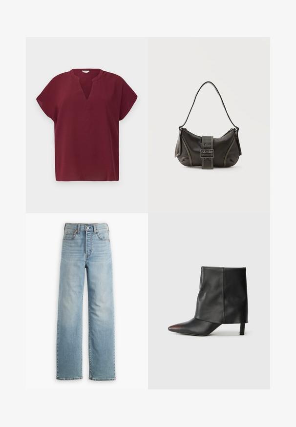Bordeaux kortærmet top med V-hals, lavet af et struktureret stof. Har en afslappet pasform og en ren kant.; Lyseblå denimjeans med højtaljet design, lige ben, fem-lomme stil og synlige syningsdetaljer.; Sort ankelstøvle lavet af glat læder med spids tå og tilspidset hæl. Overdelen har et let rynket design.; Sort læder skuldertaske med spænde på remmen, afrundede kanter og kontrasterende hvide syninger på en ensfarvet baggrund.