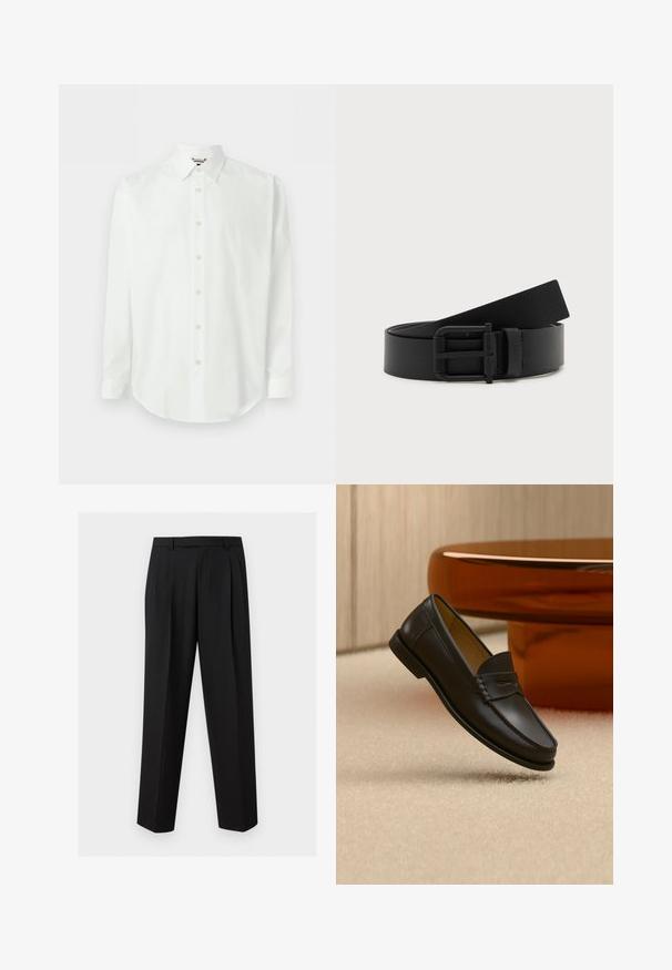 Chemise blanche à manches longues avec devant boutonné, col classique et poignets, présentée sur un fond clair uni.; Pantalon noir sur mesure avec jambes droites, plis à la taille, passants de ceinture et poches latérales fendues, présenté sur un fond uni.; Chaussure mocassin en cuir noir suspendue au-dessus d’un tapis beige avec du mobilier moderne couleur ambre en arrière-plan.; Ceinture en cuir noir enroulée avec une boucle en métal noir mat sur fond blanc.