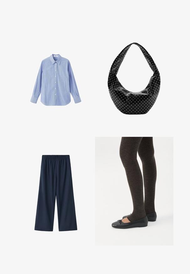 Chemise à rayures bleues et blanches avec boutons, manches longues, col pointu et manches à poignets, fabriquée en tissu léger.; Pantalon large bleu marine avec taille élastique, en tissu lisse, présenté sur un fond blanc uni.; Jambes portant des leggings côtelés foncés associés à des ballerines noires avec de petits détails en nœud sur fond blanc.; Sac à main en cuir noir à la forme souple, orné de clous en argent et doté d'une large bandoulière. Texture lisse avec un design froncé.