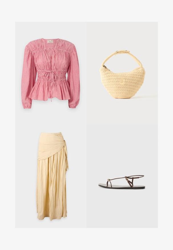 Rood-witte gestreepte blouse met lange mouwen, geplooide borst en verstelbaar trekkoord in de taille, met een peplumzoom.; Lange beige rok met geplooide stof en een gedraaide knoopdetail aan de rechterkant, weergegeven tegen een effen achtergrond.; Bruine leren sandaal met dunne banden, een gouden cirkelaccent en een platte zool. Minimalistisch ontwerp met een verstelbare gesp.; Beige geweven handtas met afgerond lichaam, ritssluiting en een korte, dikke band in een eenvoudige, gestructureerde haakstijl.