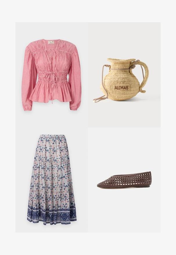 Rood-witte gestreepte blouse met lange mouwen, geplooide borst en verstelbaar trekkoord in de taille, met een peplumzoom.; Florale maxi rok met een grijze achtergrond, versierd met roze en blauwe bloemen, gelaagd ontwerp en een marineblauwe patroonrand. Elastische tailleband.; Bruine platte schoen met geweven opengewerkt ontwerp en gesloten afgeronde neus, zijaanzicht op een lichte achtergrond.; Ronde gevlochten strohandtas met een handvat van touw en "ALEMAIS" geborduurd aan de zijkant in bruine draad.
