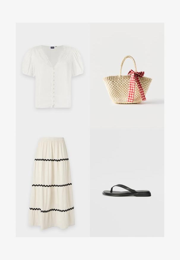 Witte blouse met pofmouwen en een diepe V-halslijn met kantafwerking. Beschikt over een rij kleine knopen aan de voorkant. Gemaakt van een lichtgewicht stof.; Gelaagde enkellange rok van crème stof met zwarte golvende rand. Voorzien van een elastische tailleband voor extra comfort en een vloeiende, lichte val.; Zwarte teenflip-flop van glad leer, met een dunne band en een platte zool met een minimalistisch profiel. Geen opvallende patronen of accenten.; Gevlochten strooien tas met gevlochten handvatten en een rood-wit geruit lint dat aan één zijde in een strik is gebonden.
