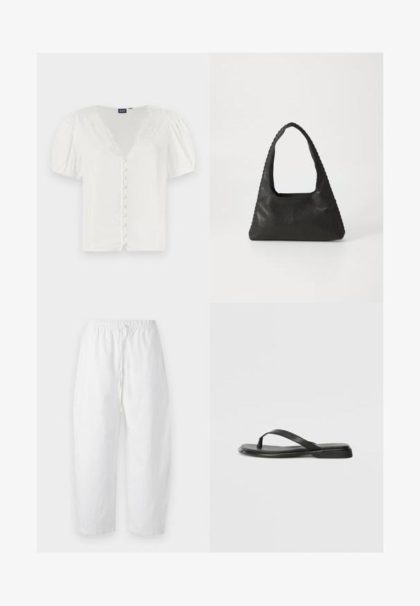 Blouse blanche à manches bouffantes avec un décolleté en V profond et des détails en dentelle. Présente une rangée de petits boutons sur le devant. Fabriquée dans un tissu léger.; Abercrombie & Fitch PULL ON BARREL - Pantalon classique - white; Tongs noires en cuir lisse, avec un design de sangle fine et une semelle plate à profil minimal. Aucun motif ou accent notables.; Sac à main en cuir noir de forme triangulaire, avec une grande poignée découpée et des coutures détaillées le long des bords. Texture lisse.