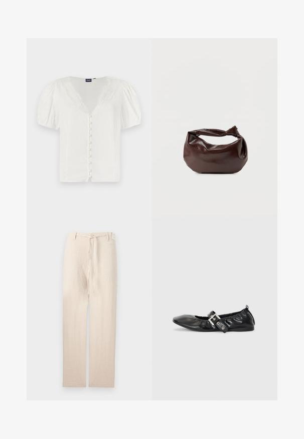 Hvid bluse med pufferærmer, dyb V-udskæring og blondekant. Har en række små knapper foran. Fremstillet af letvægtsstof.; Beige linnedragt med lige ben-design, der har en knaplukning og stofbånd i taljen, hvilket giver et let og struktureret udseende.; Sorte læder flade sko med spids tå, samling detaljer omkring åbningen, og en sølv spænde accent på den justerbare rem.; Mørkebrun læder skuldertaske med en blød, afslappet form og et snoet knudehåndtag på en ensartet hvid baggrund.