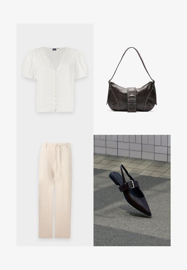 Hvid bluse med pufferærmer, dyb V-udskæring og blondekant. Har en række små knapper foran. Fremstillet af letvægtsstof.; Beige linnedragt med lige ben-design, der har en knaplukning og stofbånd i taljen, hvilket giver et let og struktureret udseende.; Mørkebrune flade slingback-sko med spids tå, bred rem og stor sølvspænde på asfalt nær flisebelagt væg.; Brun læder skuldertaske med en buet form, der har et fremtrædende spænde, kontrasterende syninger og en enkelt skulderrem.