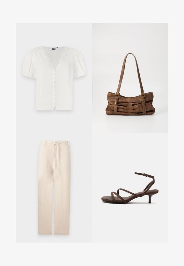 Hvid bluse med pufferærmer, dyb V-udskæring og blondekant. Har en række små knapper foran. Fremstillet af letvægtsstof.; Beige linnedragt med lige ben-design, der har en knaplukning og stofbånd i taljen, hvilket giver et let og struktureret udseende.; Brun højhælet sandal med tynde krydsede stropper og en ankelrem med en sølvspænde på en hvid baggrund.; Even&Odd by Zalando Håndtasker - brown