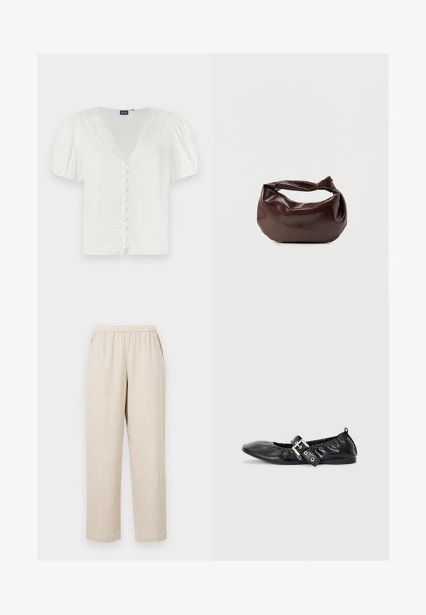 Hvid bluse med pufferærmer, dyb V-udskæring og blondekant. Har en række små knapper foran. Fremstillet af letvægtsstof.; Beige linnedragter med elastisk talje, der har sidelommer, lige ben og en tekstureret overflade.; Sorte læder flade sko med spids tå, samling detaljer omkring åbningen, og en sølv spænde accent på den justerbare rem.; Mørkebrun læder skuldertaske med en blød, afslappet form og et snoet knudehåndtag på en ensartet hvid baggrund.