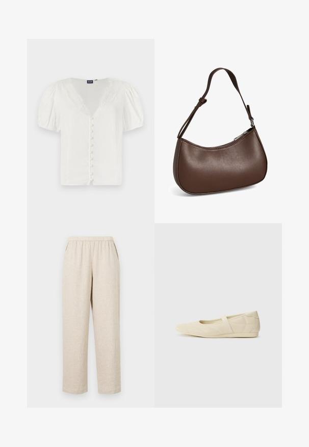 Hvid bluse med pufferærmer, dyb V-udskæring og blondekant. Har en række små knapper foran. Fremstillet af letvægtsstof.; Beige linnedragter med elastisk talje, der har sidelommer, lige ben og en tekstureret overflade.; Lysebrune ballet flats med en glat læderoverflade, mandelformet tå og elastisk rem over vristen, med diskrete syninger.; Lille brun skuldertaske i læder med justerbar rem og lynlåslukning, vist mod hvid baggrund. Ingen synligt branding eller dekorationer.