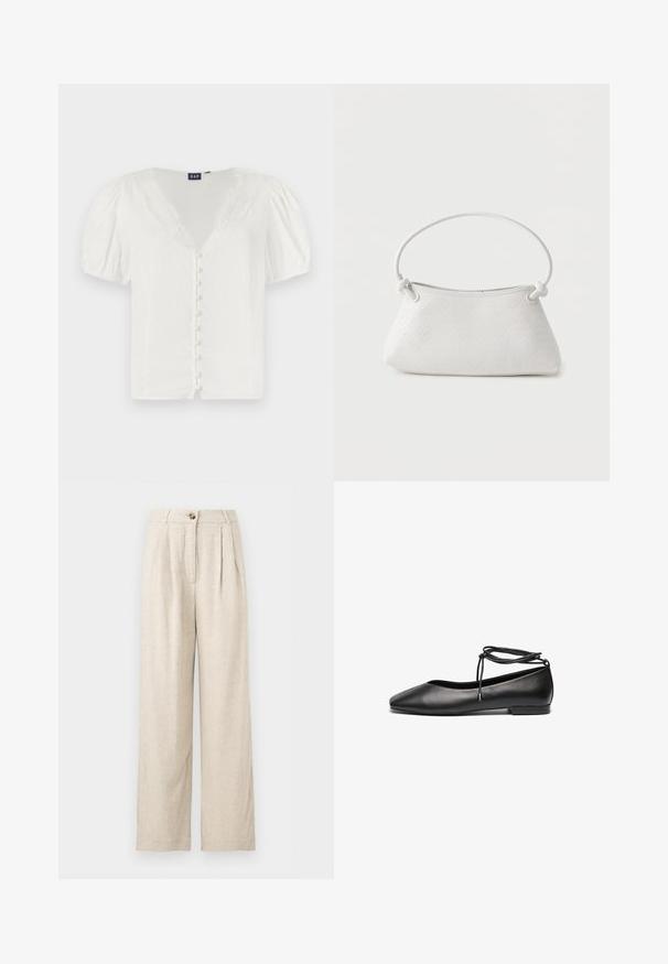 Witte blouse met pofmouwen en een diepe V-halslijn met kantafwerking. Beschikt over een rij kleine knopen aan de voorkant. Gemaakt van een lichtgewicht stof.; Beige linnen broek met hoge taille, ruime pijpen, knoopsluiting en voorplooien, ontworpen voor een comfortabele pasvorm.; Zwarte leren ballerina's met een spitse neus, platte hak en een wikkelbandje rond de enkel. Glad oppervlak, minimalistisch ontwerp.; Witte handtas van gevlochten leer met een afgeronde handgreep en uiteinden van de band die geknoopt zijn, afgebeeld tegen een effen achtergrond.