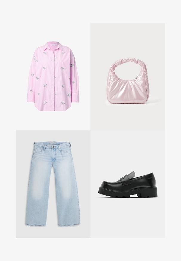Lyserød stribet skjorte med knaplukning og blomsterbroderi, der har en afslappet pasform og optrukne ærmer. Materialet virker let og har en glat tekstur.; Lyseblå vid nederdel jeans lavet af denim. Har lige snit, fem lommers design og knaplukning i taljen.; Sorte læder loafers med en chunky tekstureret sål, der har en rem over vamps og en glat, poleret finish.; Rosa, polstret håndtaske med afrundet design, lavet af skinnende materiale. Har et samlet håndtag og en lynlås til sikker adgang.
