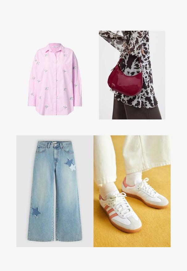 Lyserød stribet skjorte med knaplukning og blomsterbroderi, der har en afslappet pasform og optrukne ærmer. Materialet virker let og har en glat tekstur.; Lyseblå jeans med vide ben og stjerneformede denimlapper på øverste højre lår og nederste venstre ben.; Hvide sportsko med lyserøde accenter, lavet af ruskind og læder, rund tå og gummisål, vist med lyse sokker på en gul baggrund.; Kvinde iført en sort- og hvidmønstret bluse, der holder en blank rød skuldertaske mod en ensfarvet baggrund.
