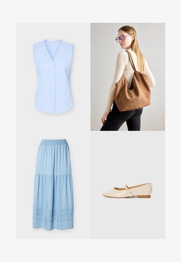 Chemisier sans manches à carreaux bleu clair, boutonné, avec un col en V et de petits boutons blancs, présenté sur fond uni.; Jupe longue bleu clair à volants avec taille élastique et plis cousus horizontaux près de l'ourlet.; Ballerines en cuir verni beige avec un embout carré, un petit talon et une bride ajustable à la cheville avec une boucle dorée.; Sac fourre-tout en daim marron avec une texture douce, grande ouverture et longues sangles. Présente un design simple avec des coutures visibles et sans matériel.