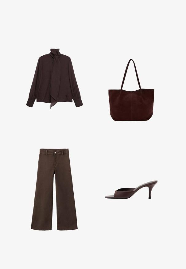 Blouse à manches longues en tissu froissé marron foncé. Présente un col haut avec un détail à nouer et des manches à poignet. Texture lisse et légère.; Jean marron à jambes larges en denim robuste, doté d'une taille haute, d'une fermeture à boutons à l'avant et d'un ourlet effiloché aux jambes.; Mule marron foncé à bout ouvert, talon bas incurvé et large bride sur l'avant.; Sac cabas en daim marron foncé avec deux sangles d'épaule et un design simple, épuré, présenté sur fond blanc.
