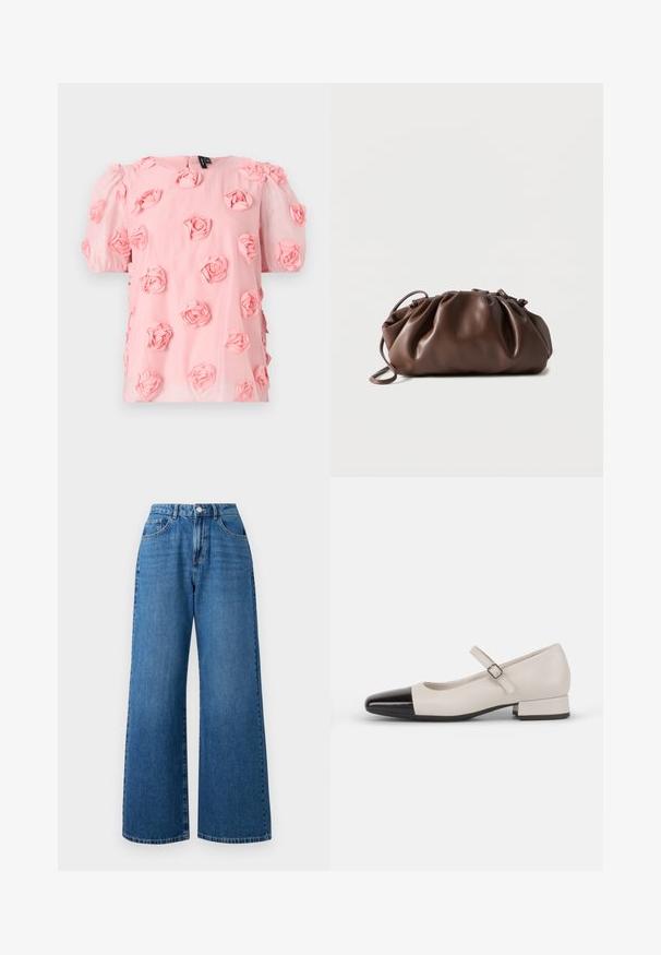 Haut en tissu rose avec de courtes manches bouffantes, comportant des appliqués de roses en tissu trois dimensions répartis uniformément sur le devant. Fermeture à boutons au dos.; Jean en denim bleu à jambes larges avec une taille haute, présentant un design à cinq poches, une fermeture à bouton à l'avant et un délavage subtil sur le tissu.; Chaussure de style Mary Jane en cuir crème avec un bout en vernis noir. Présente un bout rond, une sangle de cheville avec une boucle carrée et un petit talon carré.; Sacoche en cuir marron doux avec un haut froncé et une fine bandoulière, posée sur un fond blanc.