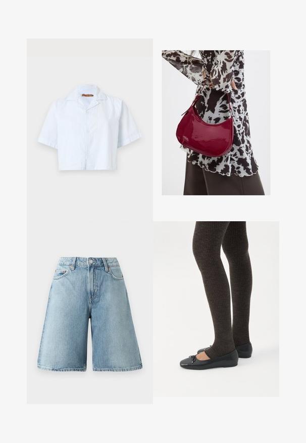 Afskaffet kortærmet skjorte i lyseblå med tynde hvide striber, knaplukning og spredt krave. Fremstillet af letvægtsstof.; Lys blå denimshorts med løs pasform, mellemhøj talje, fem lommer og kontrastsyninger. Stof er i en blød kvalitet.; Ben iført mørke ribbede leggings kombineret med sorte balletsko med små sløjfedetaljer på hvid baggrund.; Kvinde iført en sort- og hvidmønstret bluse, der holder en blank rød skuldertaske mod en ensfarvet baggrund.