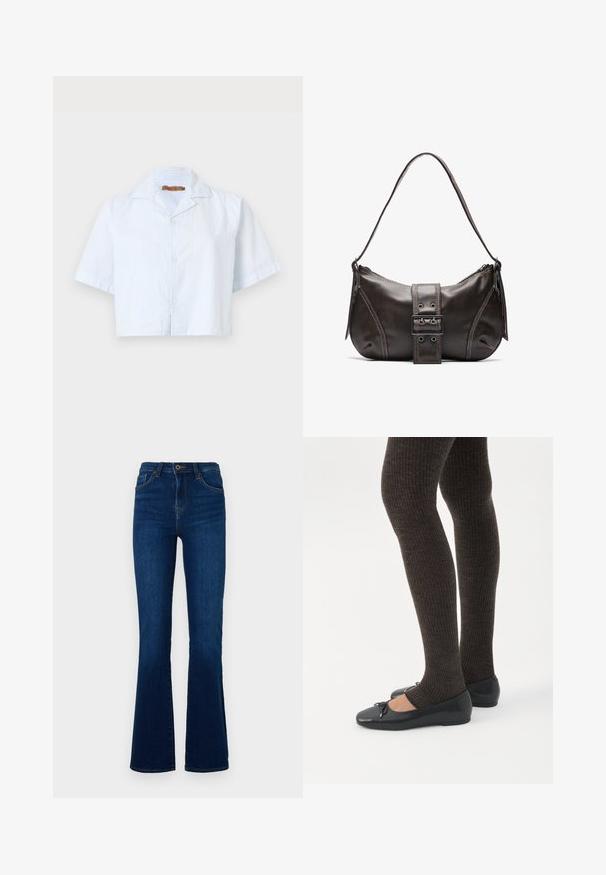 Afskaffet kortærmet skjorte i lyseblå med tynde hvide striber, knaplukning og spredt krave. Fremstillet af letvægtsstof.; Mørkeblå flared jeans lavet af denim med høj talje, der har forlommer, lynlås og subtile syninger.; Ben iført mørke ribbede leggings kombineret med sorte balletsko med små sløjfedetaljer på hvid baggrund.; Brun læder skuldertaske med en buet form, der har et fremtrædende spænde, kontrasterende syninger og en enkelt skulderrem.