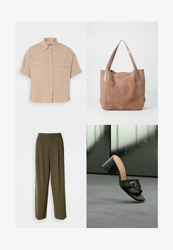 Beige Leinenhemd mit kurzen Ärmeln und spitzem Kragen, zwei vorderen Taschen und weißen Knöpfen. Boxy Schnitt, glatte Textur.; Olivegrüne weite Hosen aus einem glatten Stoff, mit hoher Taille, Frontfalten und seitlichen Taschen für Funktionalität.; Schwarzer Leder-Mule mit offenem Zeh, Blockabsatz und goldener Schnallendetail, präsentiert auf grauer Oberfläche mit unscharfem dunklem Hintergrund.; Anna Field by Zalando LEATHER - Shopping Bag - taupe