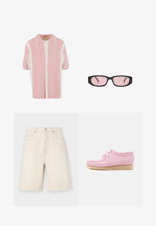Kortærmet strik cardigan med et pink og hvidt stribet mønster, der har en krave og knaplukning foran. Blødt, tekstureret stof.; Beige denimshorts med høj talje, der har en knap- og lynlåslukning, frontlommer og stikninger langs kanten.; Lyserød ruskindssko med snørebånd og beige crepesål, sidevisning på en neutral, lys baggrund.; Sorte rektangulære solbriller med smalle rosa-tonede linser, der hviler på en hvid overflade.